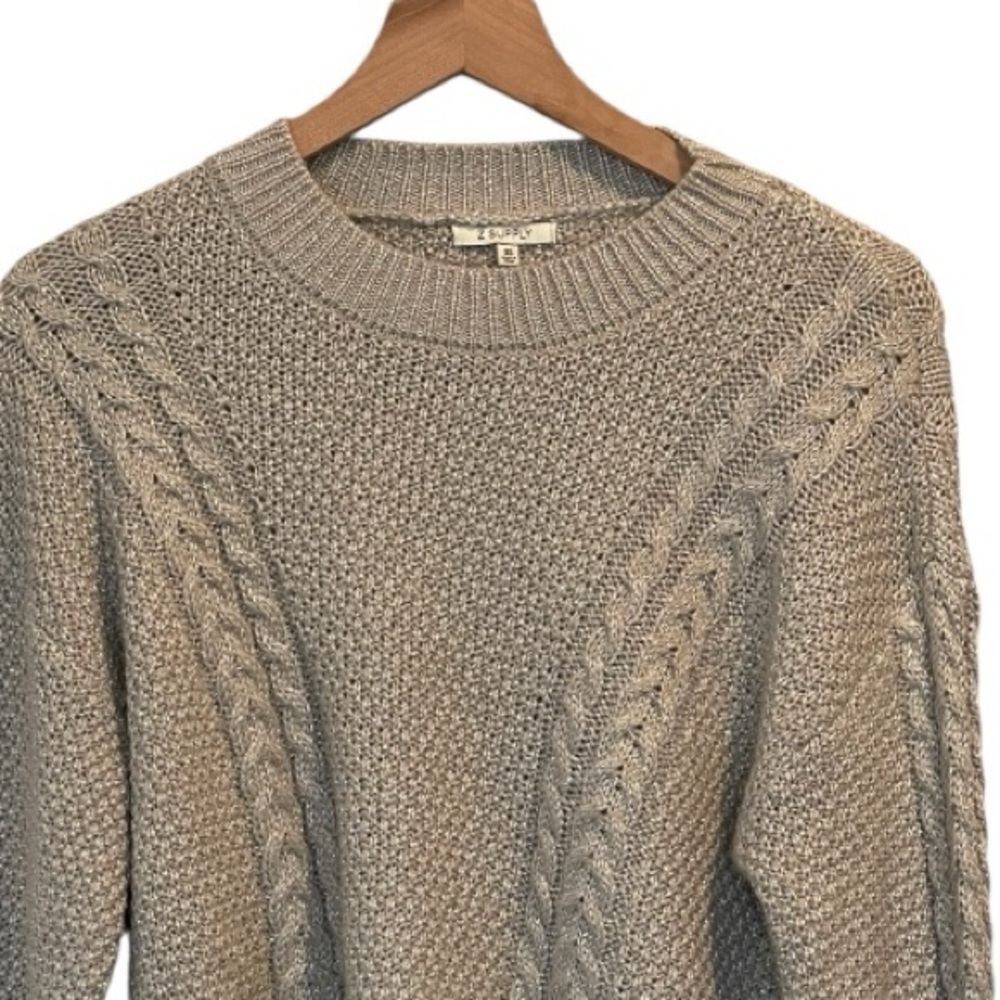 Z Supply Eternal Metallic Light Gray Cable Knit Sweater, Crew Neck, Holiday, XS - Picture 16 of 16